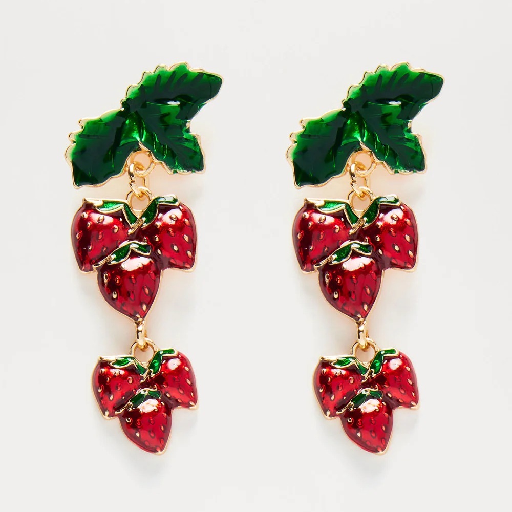 Green and Red Strawberry Drop Earrings - Fashion Jewelry